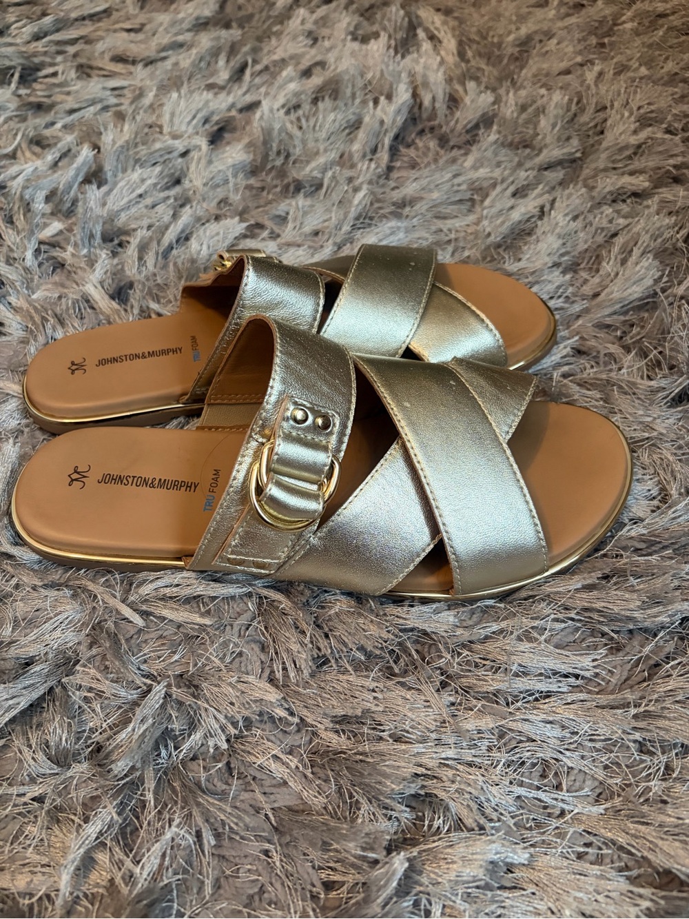 Johnston & Murphy Metallic Gold Buckle Cross-Strap Mules